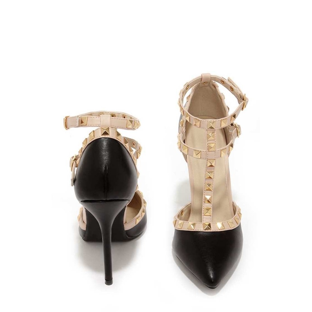 Wild Diva Lounge‎ Black Beige Studded T-Strap Pointed Toe Stiletto Pumps Size 7